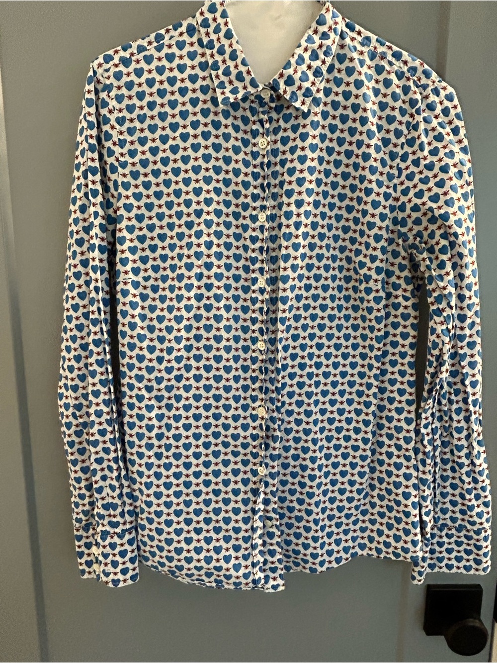 J. Crew White Button-Up Shirt with Blue Heart Print
